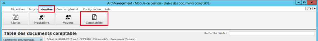 ArchManagement - Accès au sous-module Comptabilité