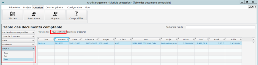 ArchManagement - Adaptation des filtres sur les factures