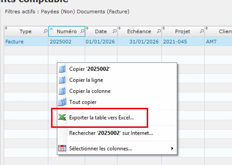 ArchManagement - Exportation des factures vers Excel